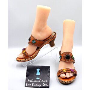 NWOB Spring Step Women's Brown Leather Kitten Heel Open-Toe Sandals Sz 9.5 2398